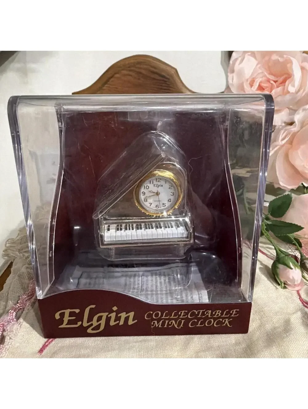 Vintage Elgin Miniature Grand Piano Desk Clock New In package Music Symphony